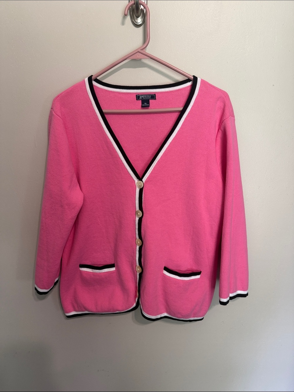 American Living Bright Pink V-Neck Button Cardigan with Black & White Trim